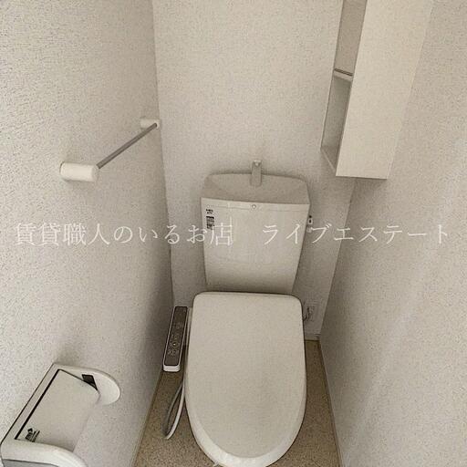 嬉しいシャワートイレつき 壁の収納は扉付きの棚とオープンの棚と両方あるので便利