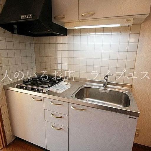 2口コンロのシステムキッチン(同タイプ102号室の参考写真です) お手入れしやすく使いやすいので、自炊も継続できそう