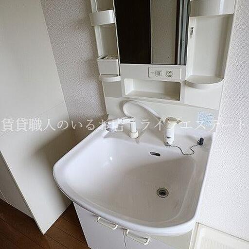 デザイン性あふれる洗面台 忙しい朝もおまかせ、洗髪洗面化粧台です