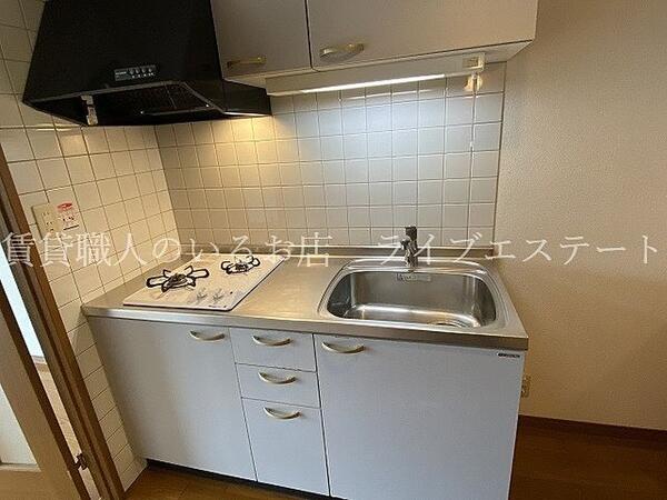 自炊派に嬉しい2口コンロ付き(同タイプ203号室の参考写真です) 上下に収納もあります