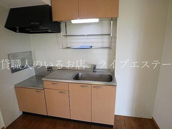 シンク上のラックには調味料や調理道具を置けて便利 経済的な都市ガス仕様の物件です